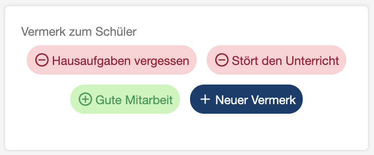 Das Bild zeigt, wie über Buttons einfach vorgefertigte Vermerke zu einem Schüler eingetragen werden können.