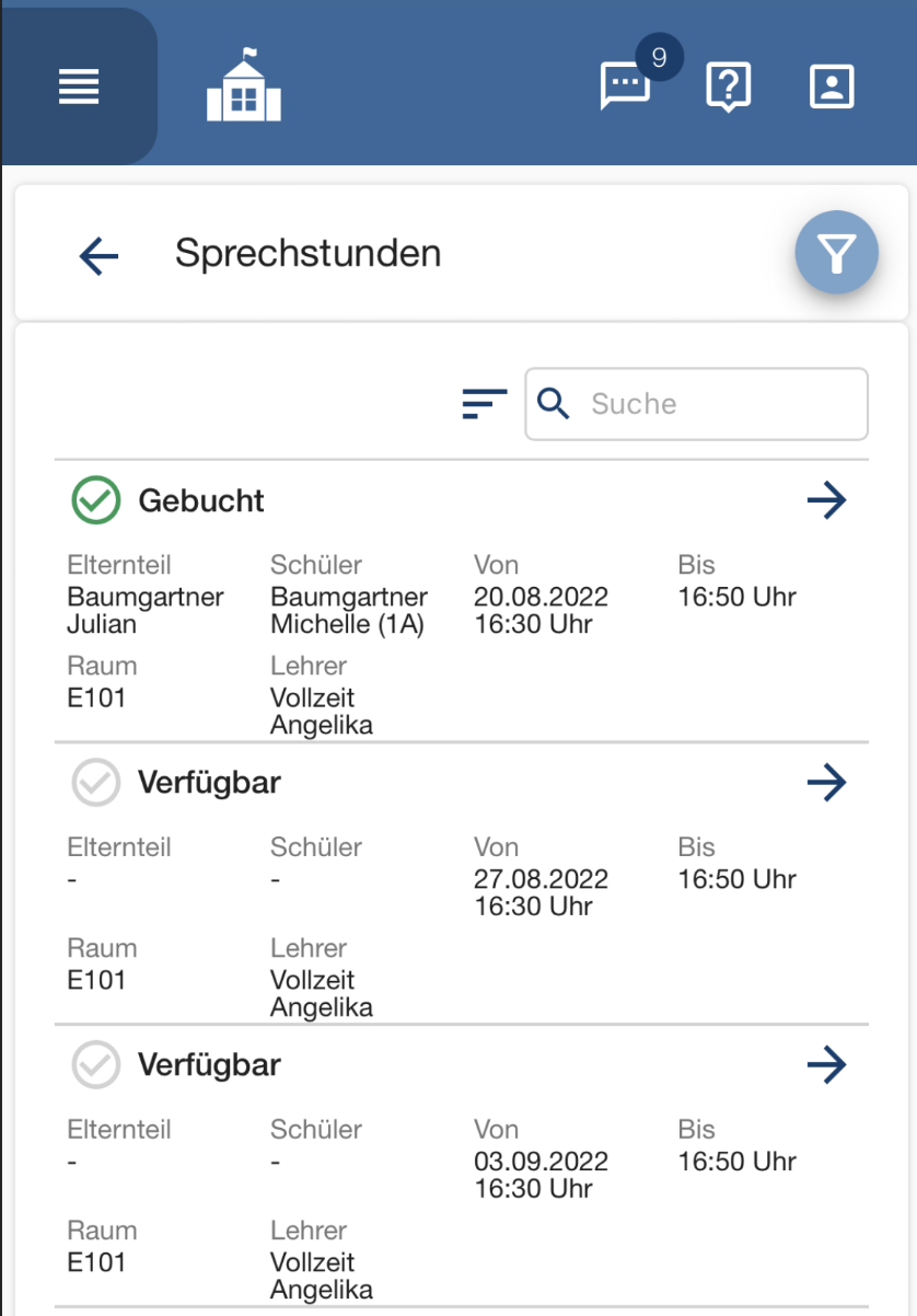 Sprechstunden online buchen - DieSchulApp