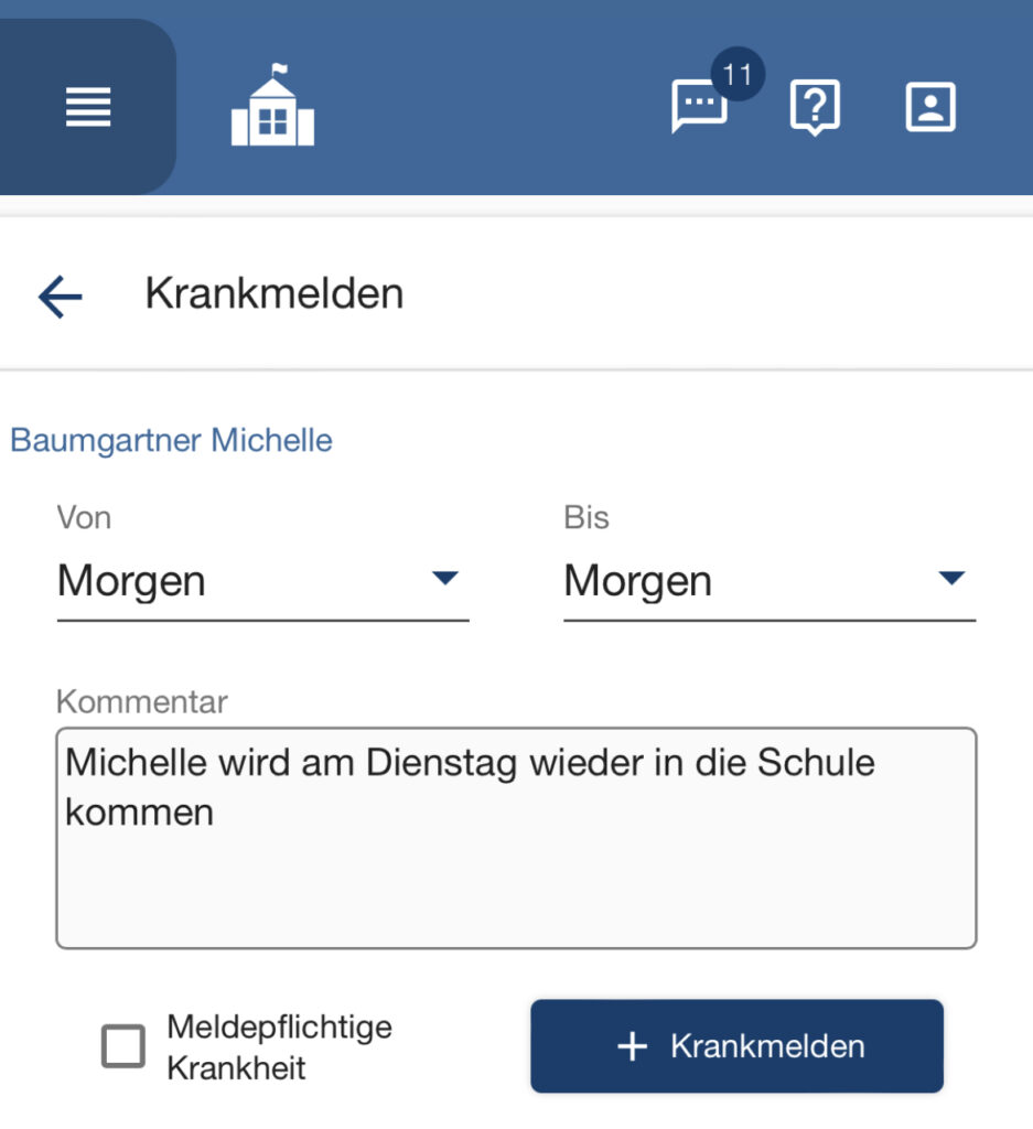 Das Bild zeigt das Erstellen einer Krankmeldung für einen Schüler in DieSchulApp